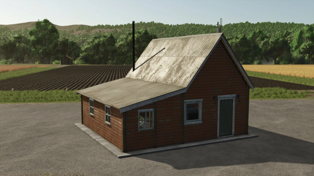 Small farmhouse mod in FS25 with rustic design, surrounded by farmland and trees.