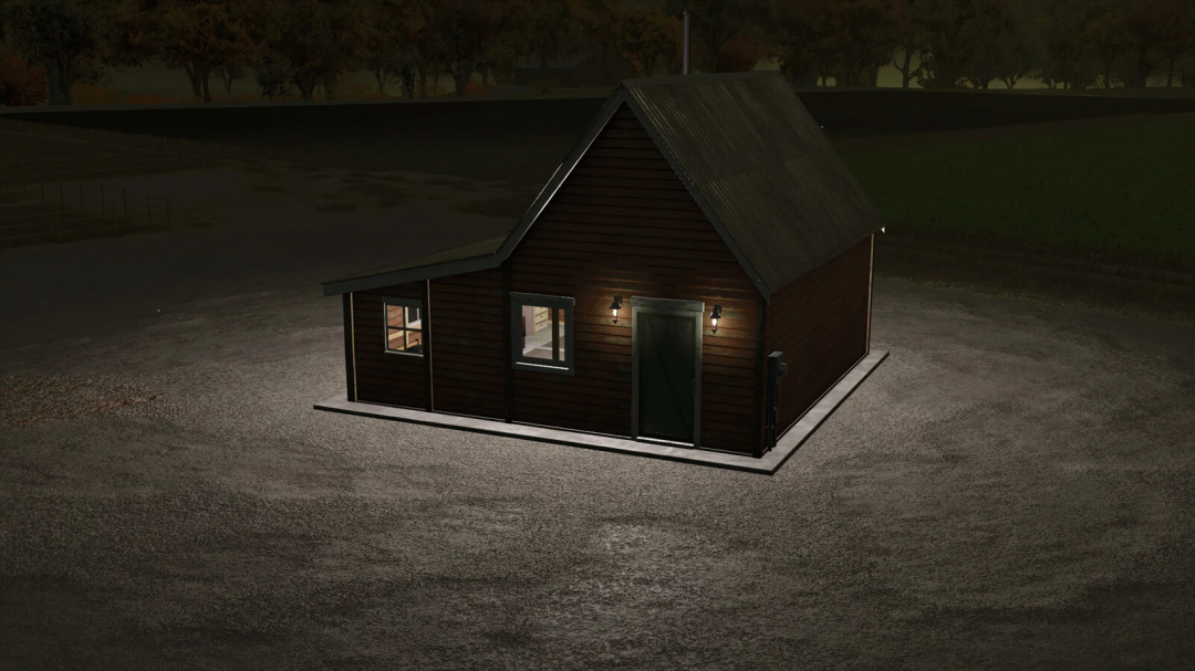 Small farmhouse mod in Farming Simulator 25, featuring a cozy wooden structure with lights on at night.