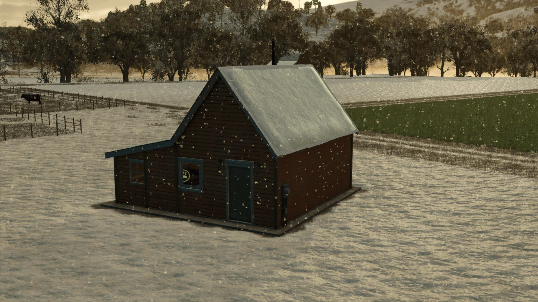 Small farmhouse mod in snow-covered landscape for FS25, showcasing rustic charm in Farming Simulator 25.