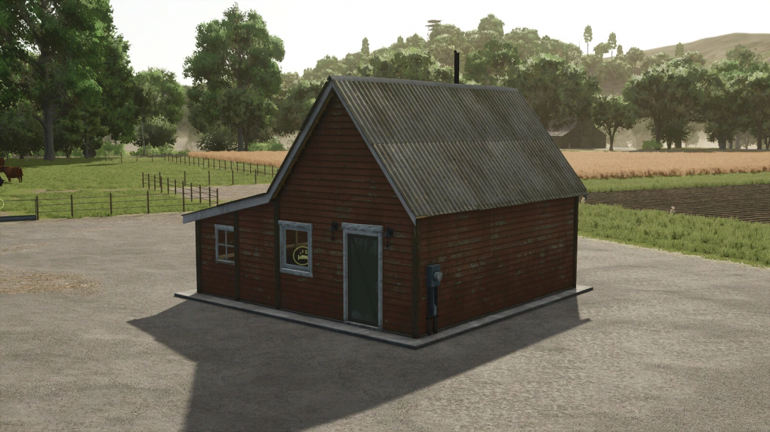 Small wooden farmhouse mod in FS25 with corrugated roof, surrounded by fields and trees.