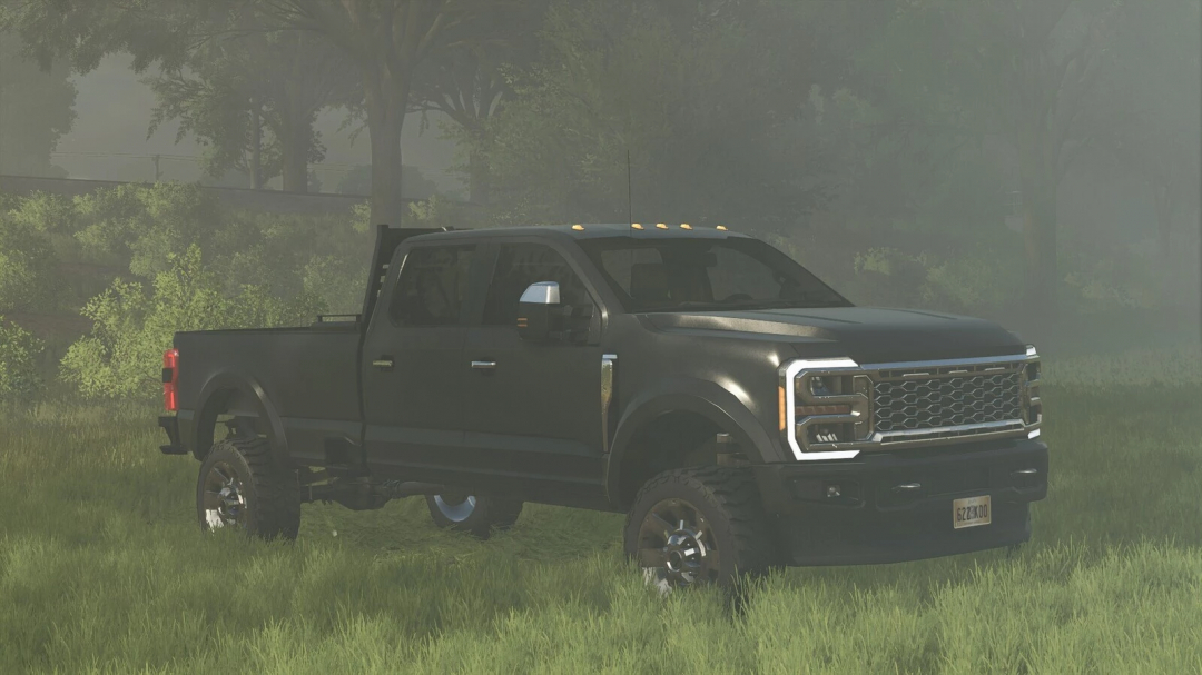 Black Superduty Pickup parked on grass in FS25 mod, Farming Simulator 25.