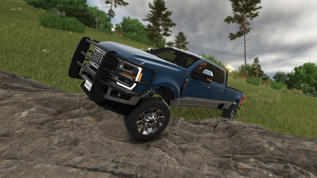 Superduty Pickup mod in FS25 navigating rocky terrain, showcasing rugged performance.