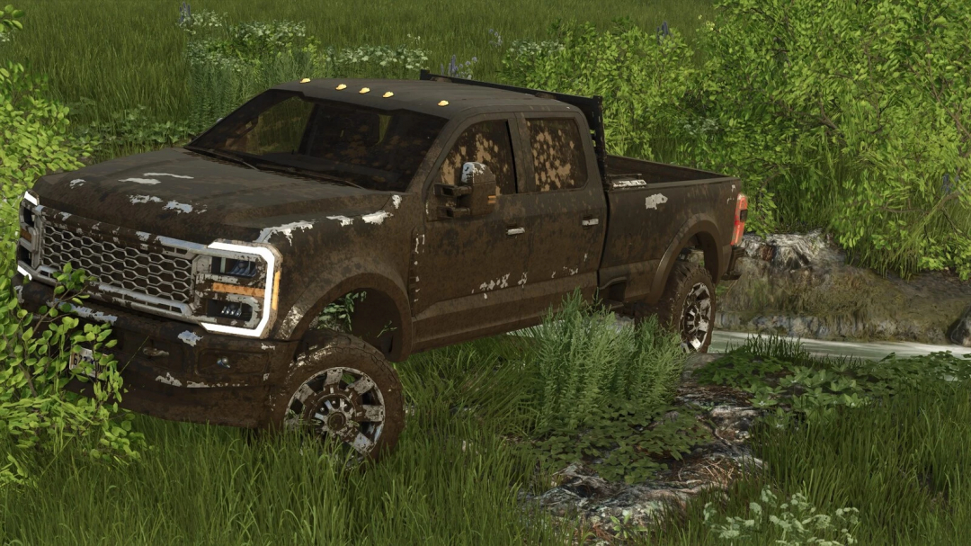 FS25 mod Superduty Pickup v1.0.0.0 in muddy terrain with greenery, enhancing Farming Simulator 25 gameplay.