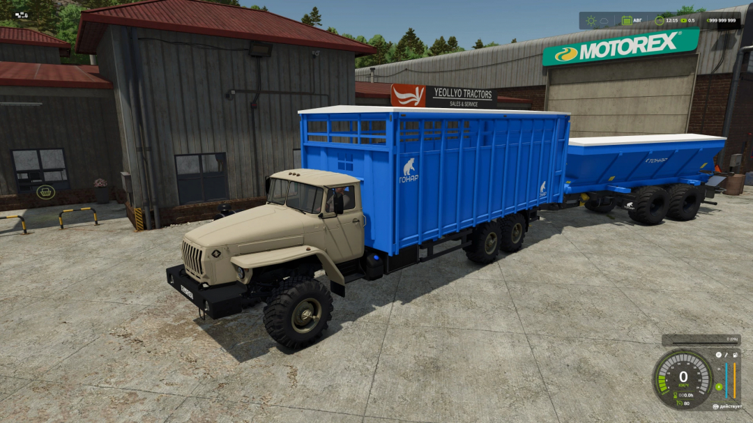 TOHAP pack v1.0.0.0 in FS25 shows a truck with blue trailers parked in front of a garage.