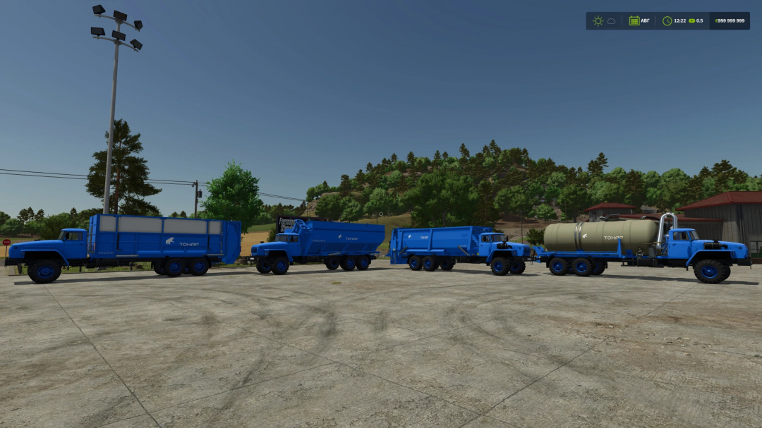 FS25 mod TOHAP pack v1.0.0.0 displaying various blue trailers and trucks in Farming Simulator 25.