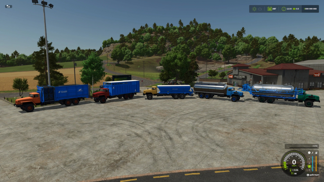 Lineup of trucks and trailers in TOHAP pack mod for Farming Simulator 25.