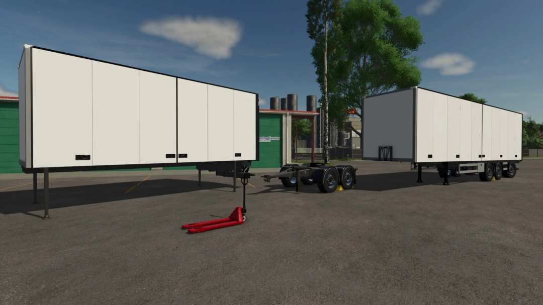 FS25 Taillift Pack v1.1.0.0 featuring white trailers and equipment in a parking lot.