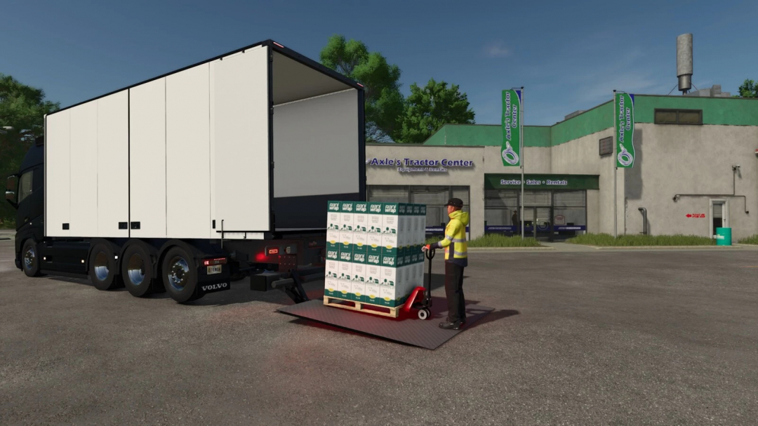 FS25 mod: Taillift Pack v1.1.0.0 showing a truck with a taillift loading boxes at a tractor center.