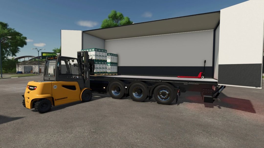 FS25 Taillift Pack v1.1.0.0 mod showing forklift loading pallets into a trailer.