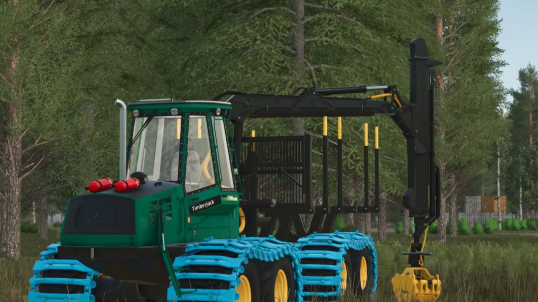 Timberjack 1710 D mod in FS25, showcasing a green logging machine with blue tracks in a forest setting.