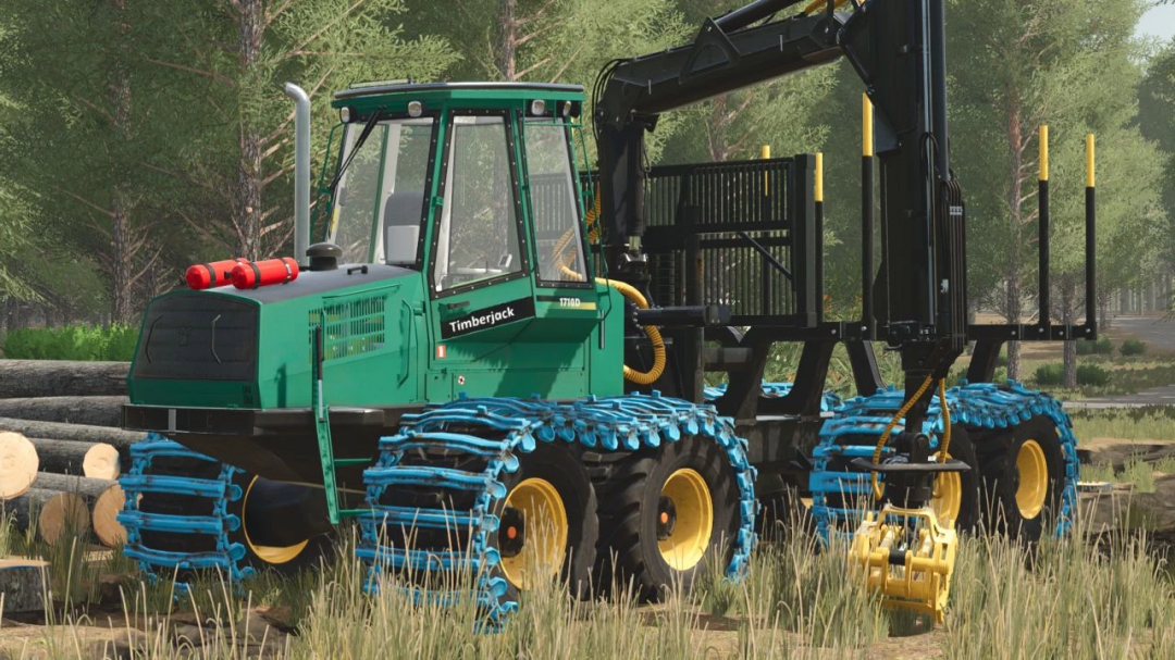 Timberjack 1710 D mod in FS25, a forest logging vehicle with blue and yellow details, parked in a forest setting.