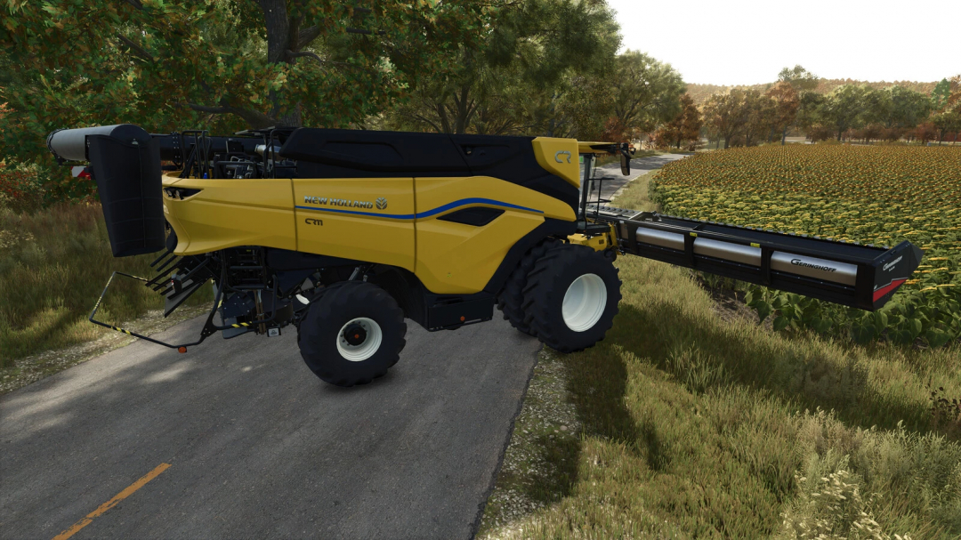 Farming Simulator 25 mod showing a yellow New Holland harvester next to a sunflower field.