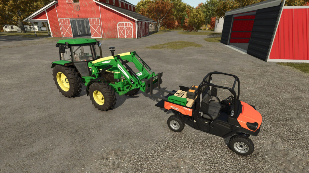 FS25 mods: Toolbox v1.0.0.0 showing a green tractor lifting cargo near red barn.