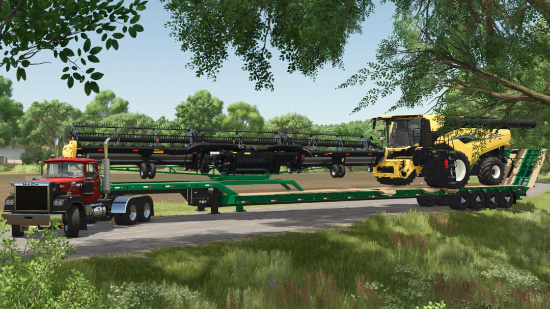 FS25 mod Transport Trailer 19m and 25m hauling farm equipment through lush landscape.