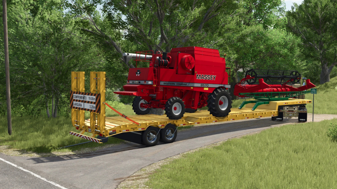 FS25 mod showing a red combine harvester on a yellow transport trailer in Farming Simulator 25.