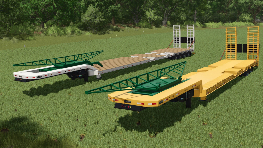 FS25 mods: Two transport trailers, 19m and 25m, displayed on a grassy field in Farming Simulator 25 mod.