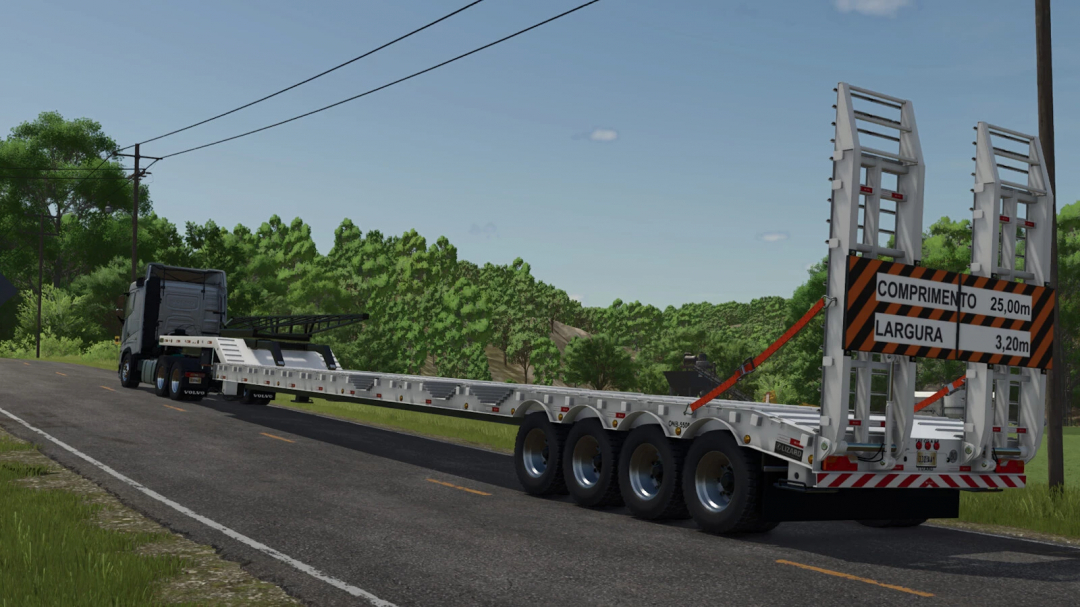 FS25 mod image of a truck towing a 25m transport trailer on a road, surrounded by trees.