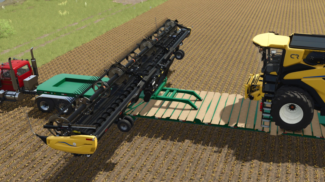 FS25 mod showing a red truck with a transport trailer carrying a large harvester on a farm field. Transport Trailer 19m And 25m v1.0.0.0.