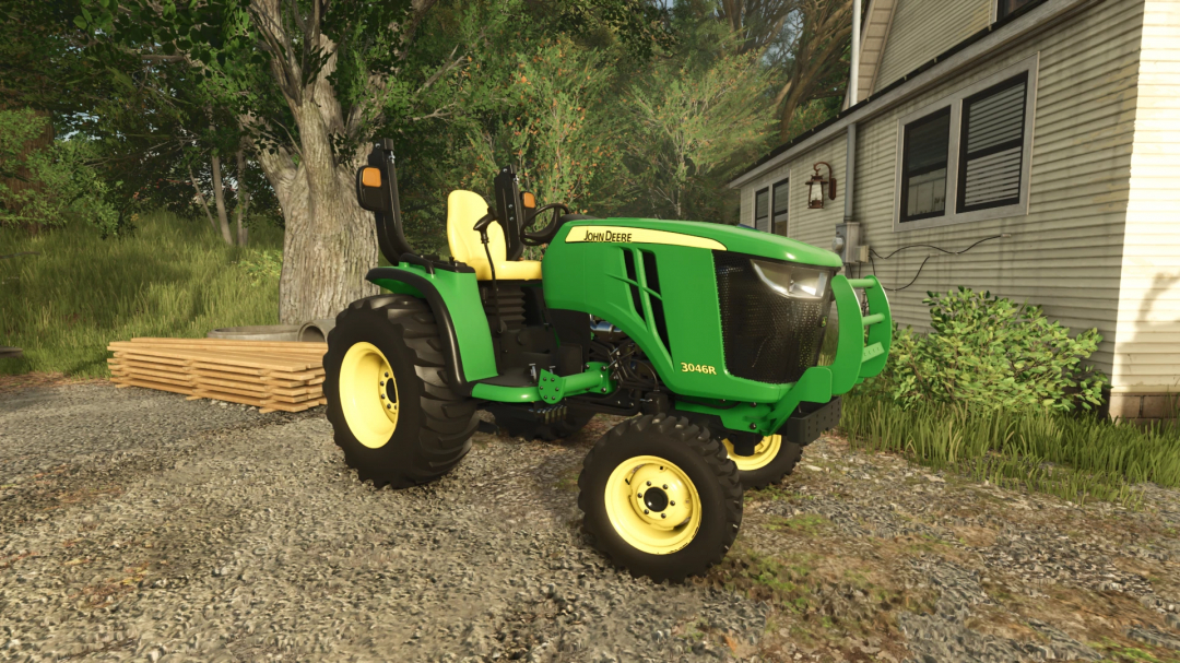 FS25 mods: Utility Tractor Pack v1.0.0.1, green tractor with yellow wheels parked on gravel near a house.