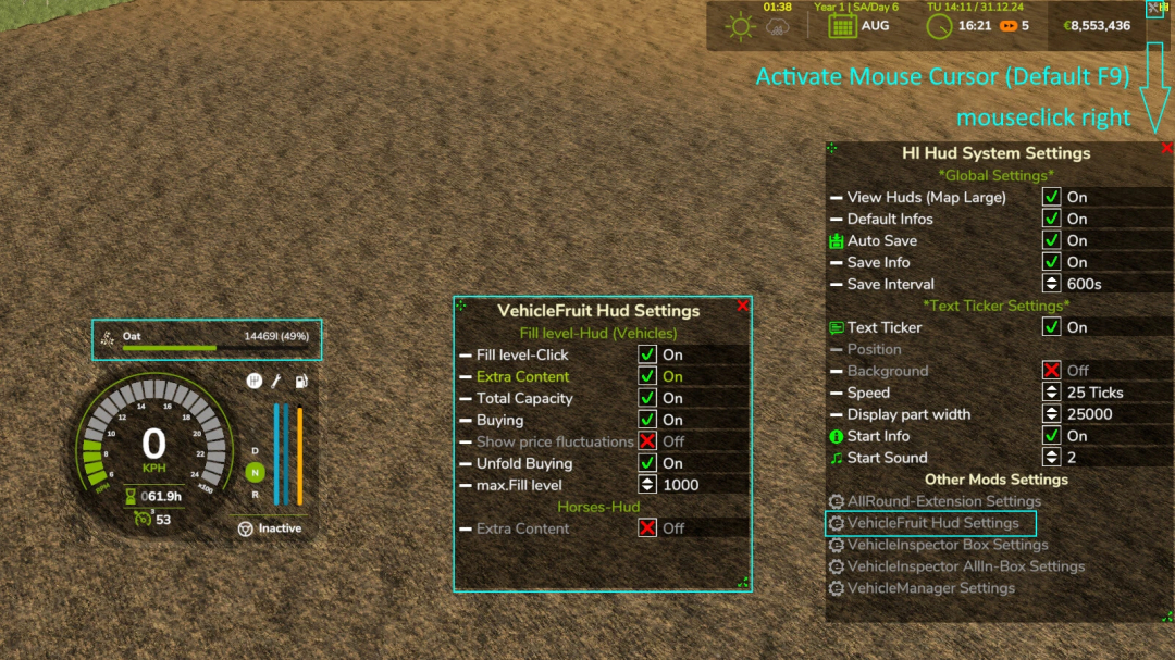 Farming Simulator 25 VehicleFruit Hud mod v1.0.0.0 interface showing oat levels, speedometer, and settings on a farm field.