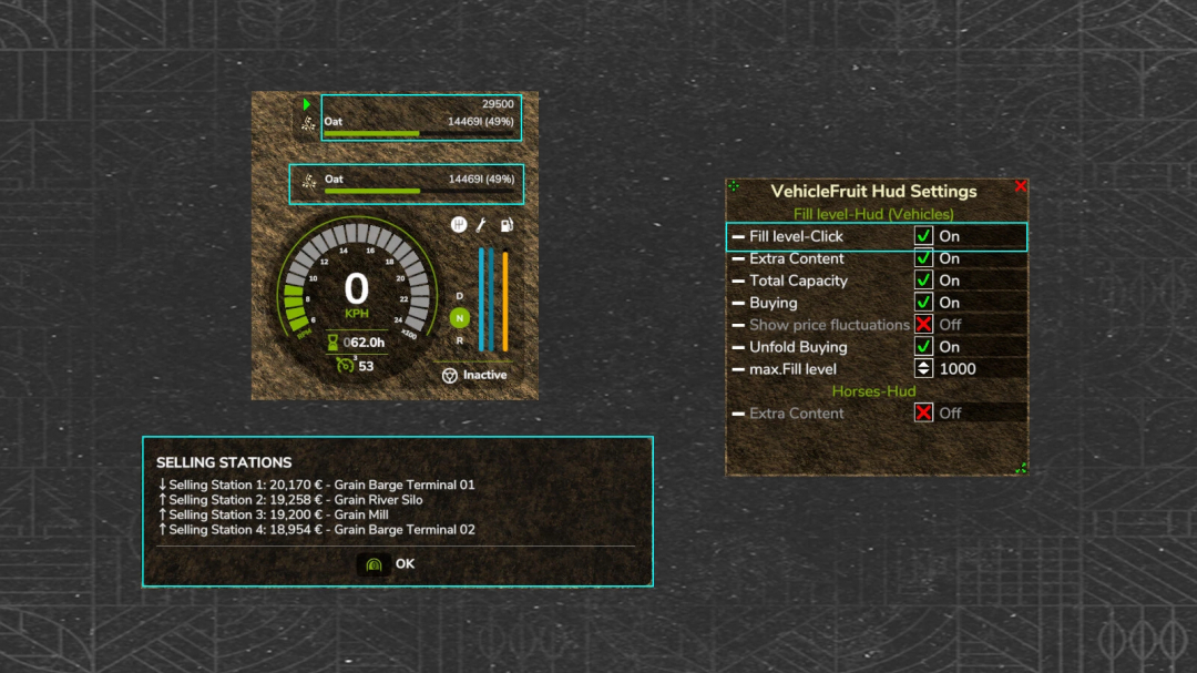 FS25 mod VehicleFruit Hud v1.0.0.0 interface showing grain level, speedometer, and settings options.