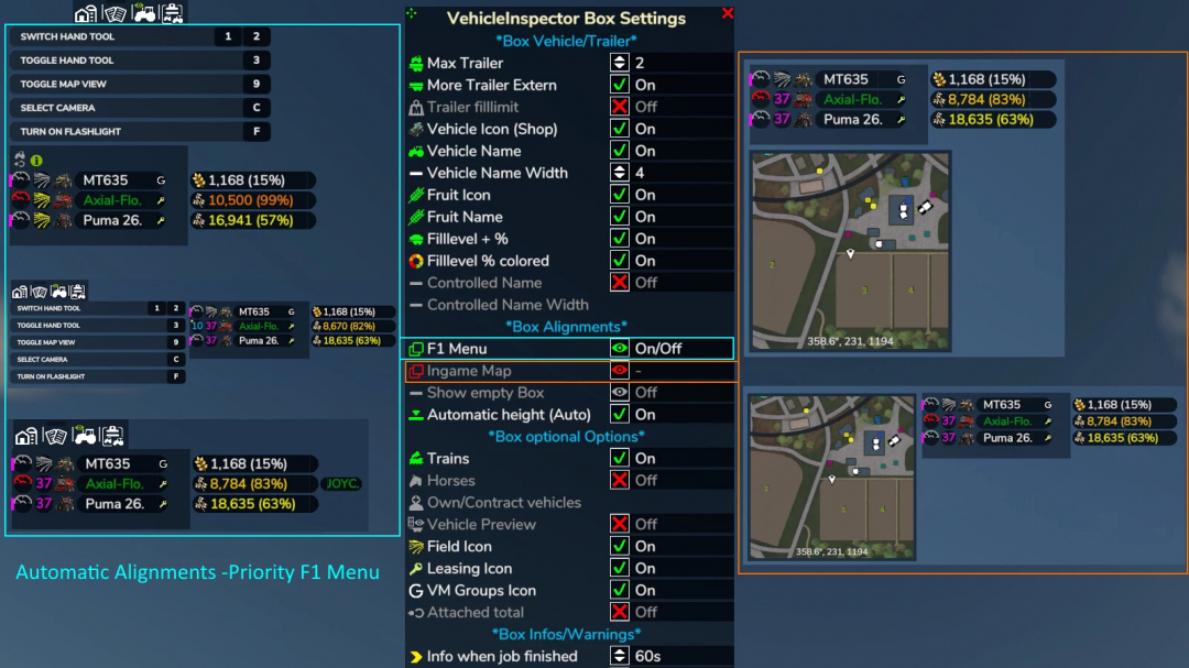 Farming Simulator 25 VehicleInspector v1.0.0.0 mod settings showing vehicle and trailer options, alignments, and in-game map features.