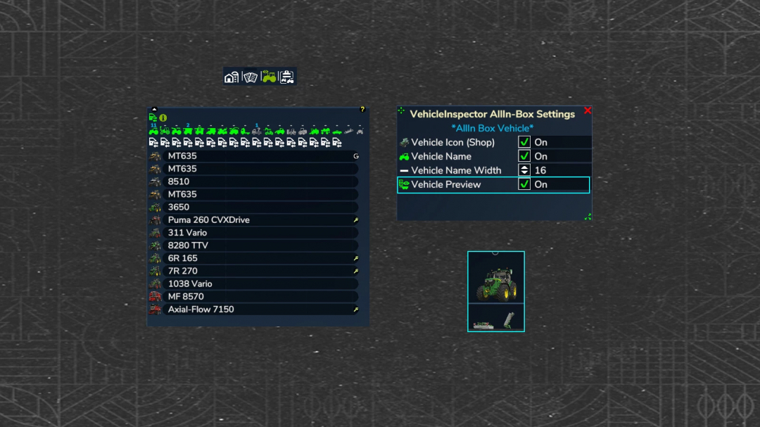 FS25 mod VehicleInspector v1.0.0.0 settings display, showing vehicle list and customization options in Farming Simulator 25.