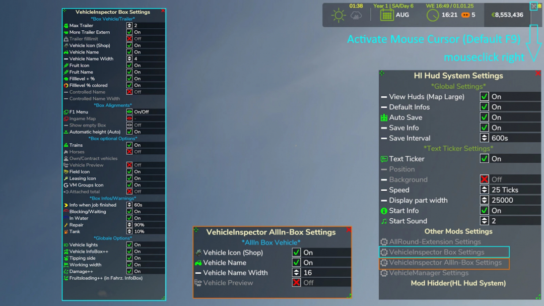 Screenshot of FS25 mod 'VehicleInspector v1.0.0.0' settings, showing detailed configuration options for vehicle inspection and display.