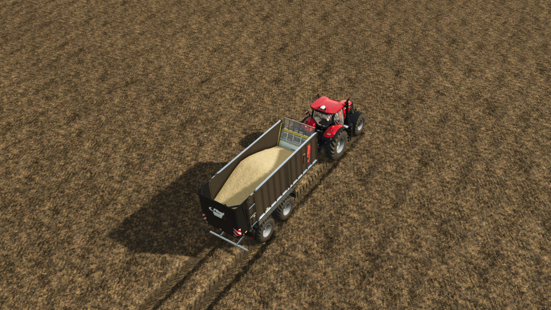 A tractor pulling a trailer of grain across a field in FS25, showcasing the VehicleInspector mod.