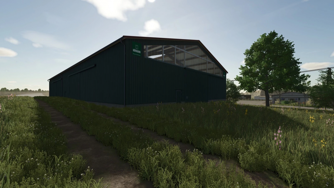 FS25 Warehouse v1.0.0.0 mod showing a large storage building beside a grassy path in Farming Simulator 25.