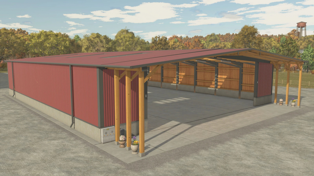 Wide Garage mod v1.1.0.0 in Farming Simulator 25, featuring a large red and wooden structure for farm equipment storage.