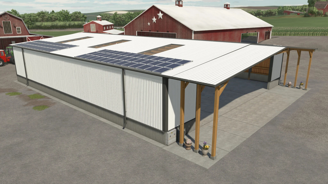 Wide Garage mod in Farming Simulator 25 with solar panels on the roof and other farm buildings nearby.