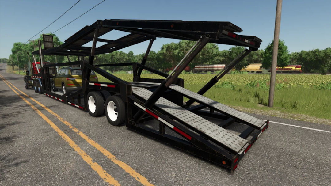 XPS8400 Car Carrier mod in FS25 game, showing a vehicle carrier on a rural road. Featured in Farming Simulator 25 mods.