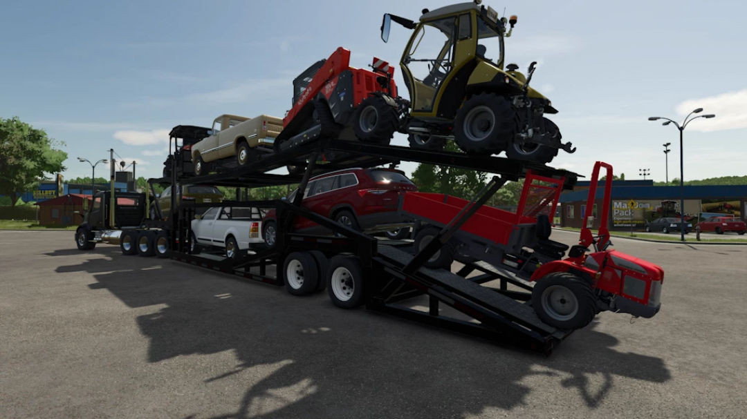 FS25 mod XPS8400 Car Carrier loaded with various vehicles in Farming Simulator 25.