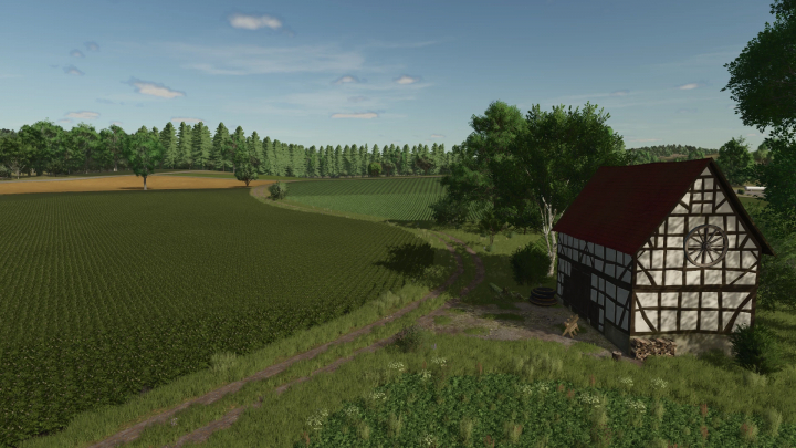 fs25-mods, Scenic view of lush green fields and a traditional house on the Altenbach Map in FS25 mod.