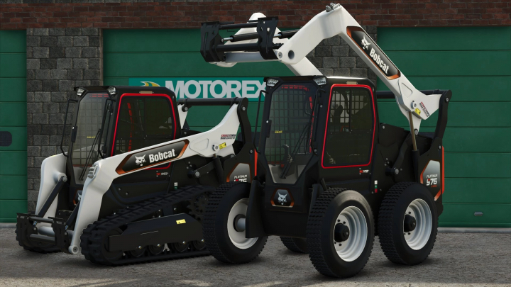 fs25-mods,  FS25 Bobcat T76 Platinium Skid Steer mod showcasing two skid steer loaders, one with tracks and one with wheels, in Farming Simulator 25.