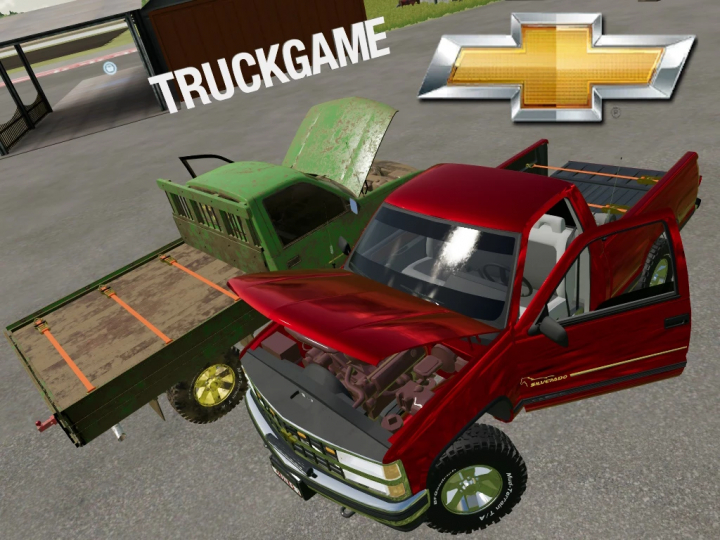 fs22-mods, Chevrolet Silverado v1.1 FS22 mod showing a red truck collision in Farming Simulator 22.