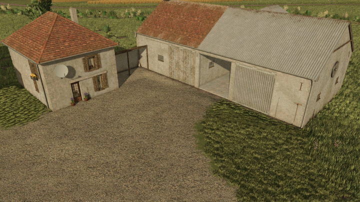 fs25-mods, FS25 Cow Farm Pack mod v1.0.0.0 showing barn and farmhouse.