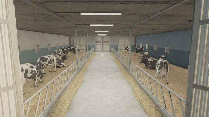 fs25-mods,  Interior of Cow Shed 29x16 mod for Farming Simulator 25 showing cows in stalls.