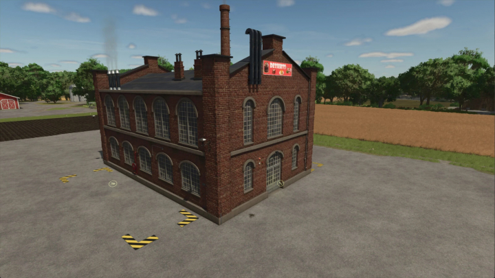 fs25-mods,  Dessert Factory in FS25 mod featuring a brick building with chimneys under a blue sky.