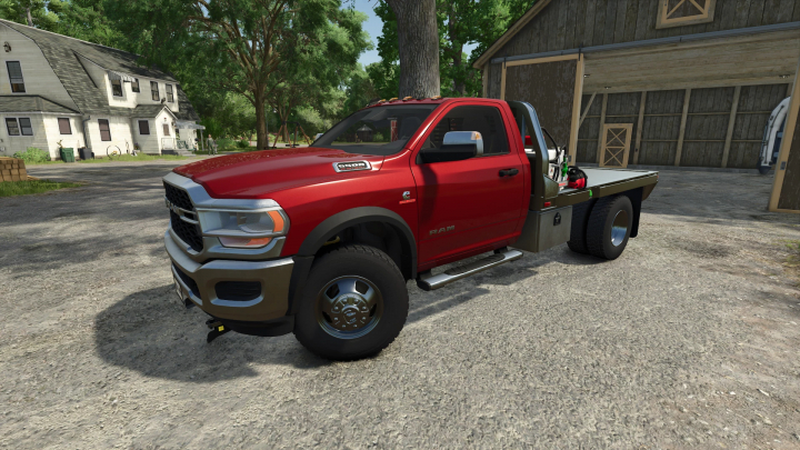 fs25-mods,  Dodge Ram 5500 mod in Farming Simulator 25 parked by a farmhouse.