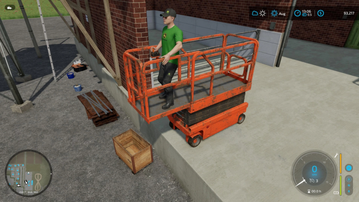 fs25-mods, Player using a scissor lift in FS25 DzInLa Modding v1.0.0.0, enhancing farming operations.