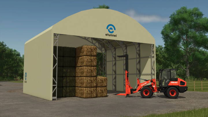 fs25-mods,  FS25 mod Etunnel Straight Leg L Arc v1.0.0.0, showing hay bales in shelter with loader outside.