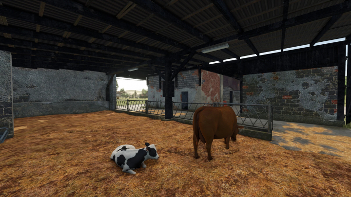 fs25-mods,  Interior of Garage With Cowshed mod in FS25 showing cows on hay.