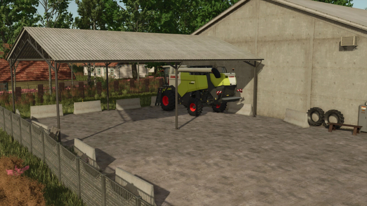 fs25-mods, FS25 Grain Storages Pack mod showcasing a farm building with a parked combine harvester.