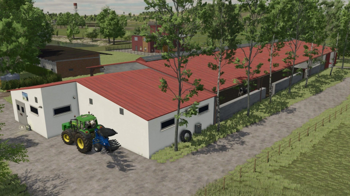 fs25-mods,  FS25 mod Hallai Farm Pack v1.0.0.0 showing a tractor near a red-roofed farm building in Farming Simulator 25.