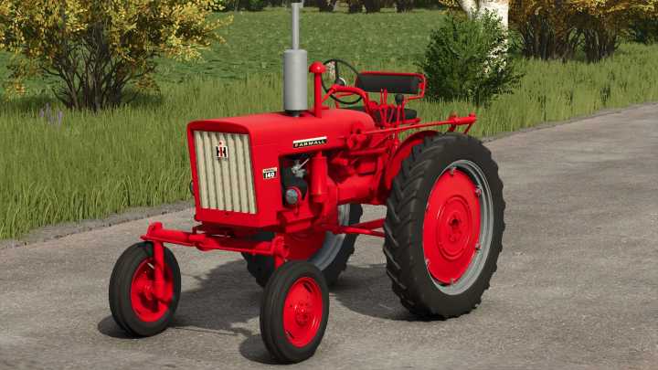 fs25-mods, Red Farmall tractor mod in FS25, showcasing vintage design on a country road, part of International Harvester Tractors Pack.