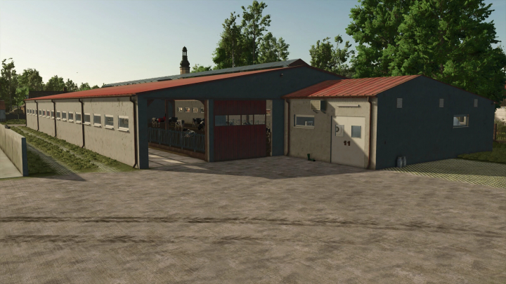 fs25-mods, Modern cow barn and garage from FS25 mods in a farm setting.