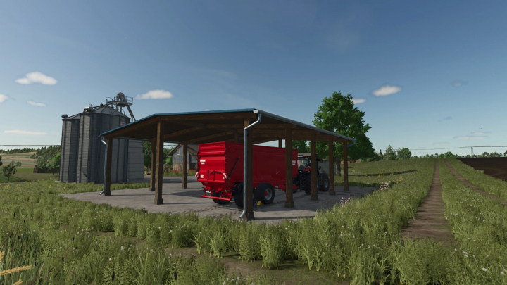 fs25-mods, FS25 mod New Wooden Sheds featuring a wooden structure with a red trailer and tractor inside, situated in a rural farm setting.