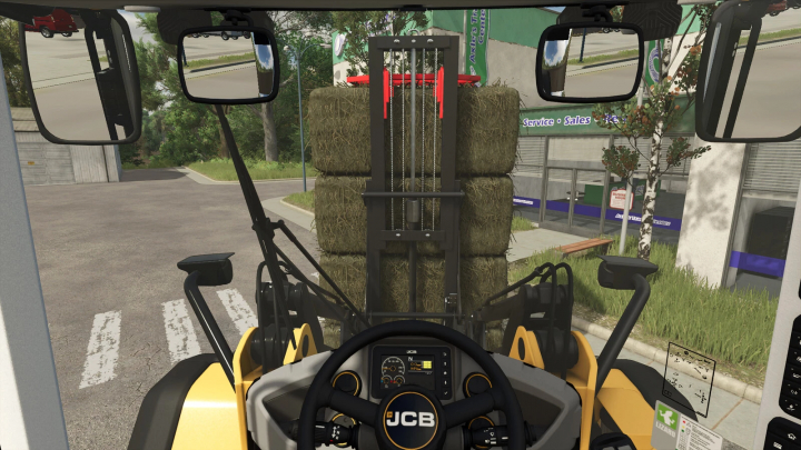 fs25-mods, Interior view of a vehicle stacking hay bales in Farming Simulator 25, showcasing the Only Inside Vehicle Cameras mod.